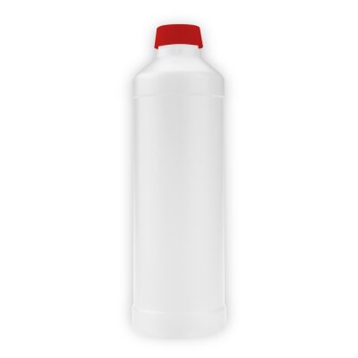 Rundflasche aus HD-PE, natur, roter Deckel (500 ml, unbefüllt)