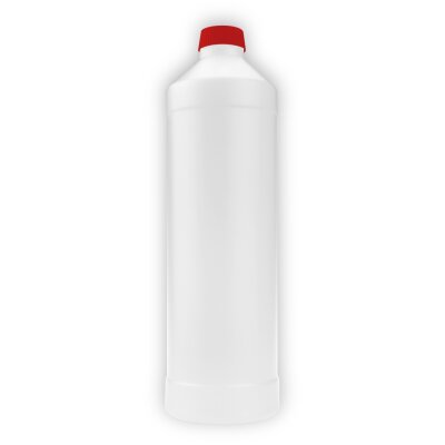 Rundflasche aus HD-PE, natur, roter Deckel (1 Liter, unbefüllt)
