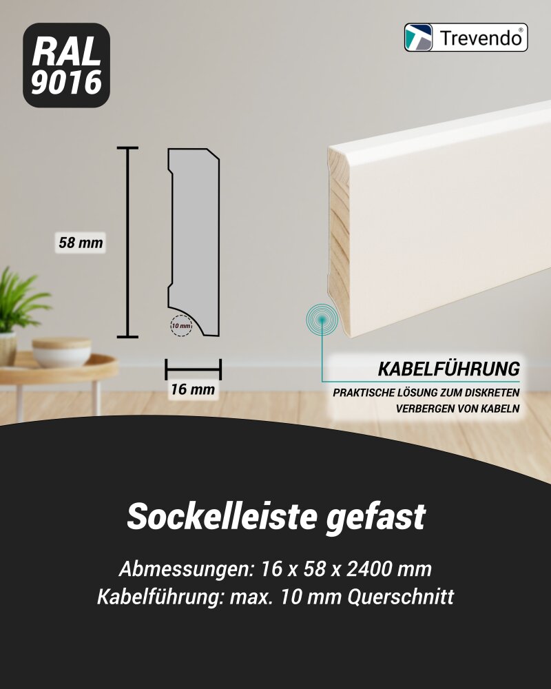 24 m Trevendo® Sockelleiste massiv gefast weiß lackiert 16 x 58 x 2400