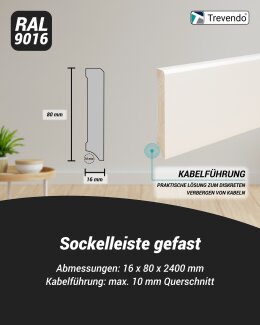 Trevendo&reg; Sockelleiste massiv gefast wei&szlig; lackiert 16 x 80 x 2400 mm