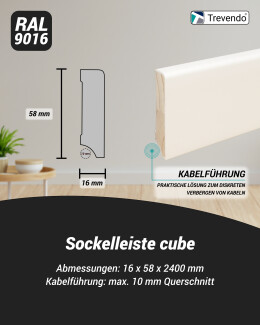 Trevendo&reg; Sockelleiste Cube massiv wei&szlig; lackiert 16 x 58 x 2400 mm