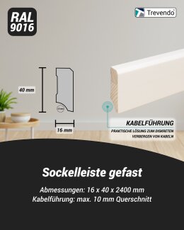 24 m Trevendo&reg; Sockelleiste massiv gefast wei&szlig; lackiert 16 x 40 x 2400 mm