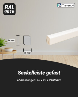 48 m Trevendo&reg; Sockelleiste massiv gefast wei&szlig; lackiert 16 x 20 x 2400 mm