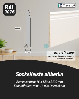 12 m Trevendo&reg; Sockelleiste massiv altberliner Profil wei&szlig; lackiert 16 x 120 x 2400 mm